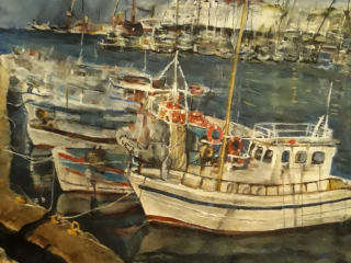 Crete Ships Awaiting at Sea – Watercolor, 22×30