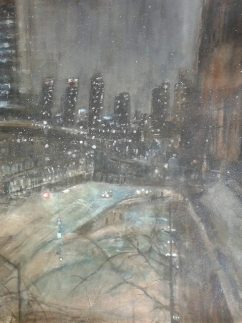 Desolate Snowy Night in NYC – Watercolor, 23×30
