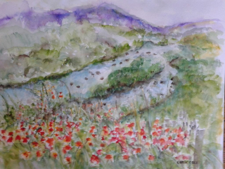 Ireland Countryside with Flowers – Watercolor, 12×16