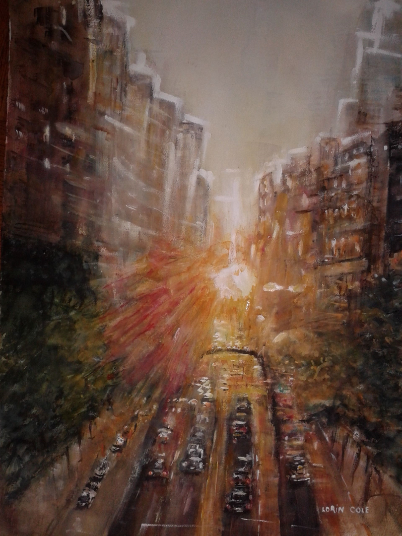 Sunset Over East 42nd Street – Watercolor and Gouache, 22×30